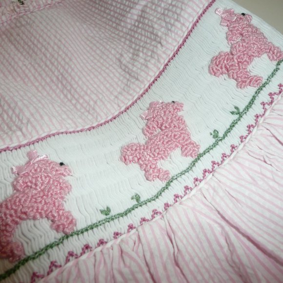 Vintage Smocked Pink Stripe Poodles Sheersucker Girl Size 7 Dress by Royal Child - Picture 1 of 10